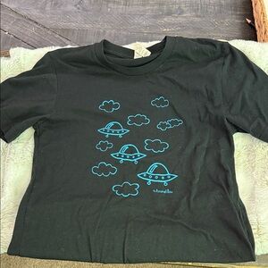 Animal Black Tee with Blue UFO Print